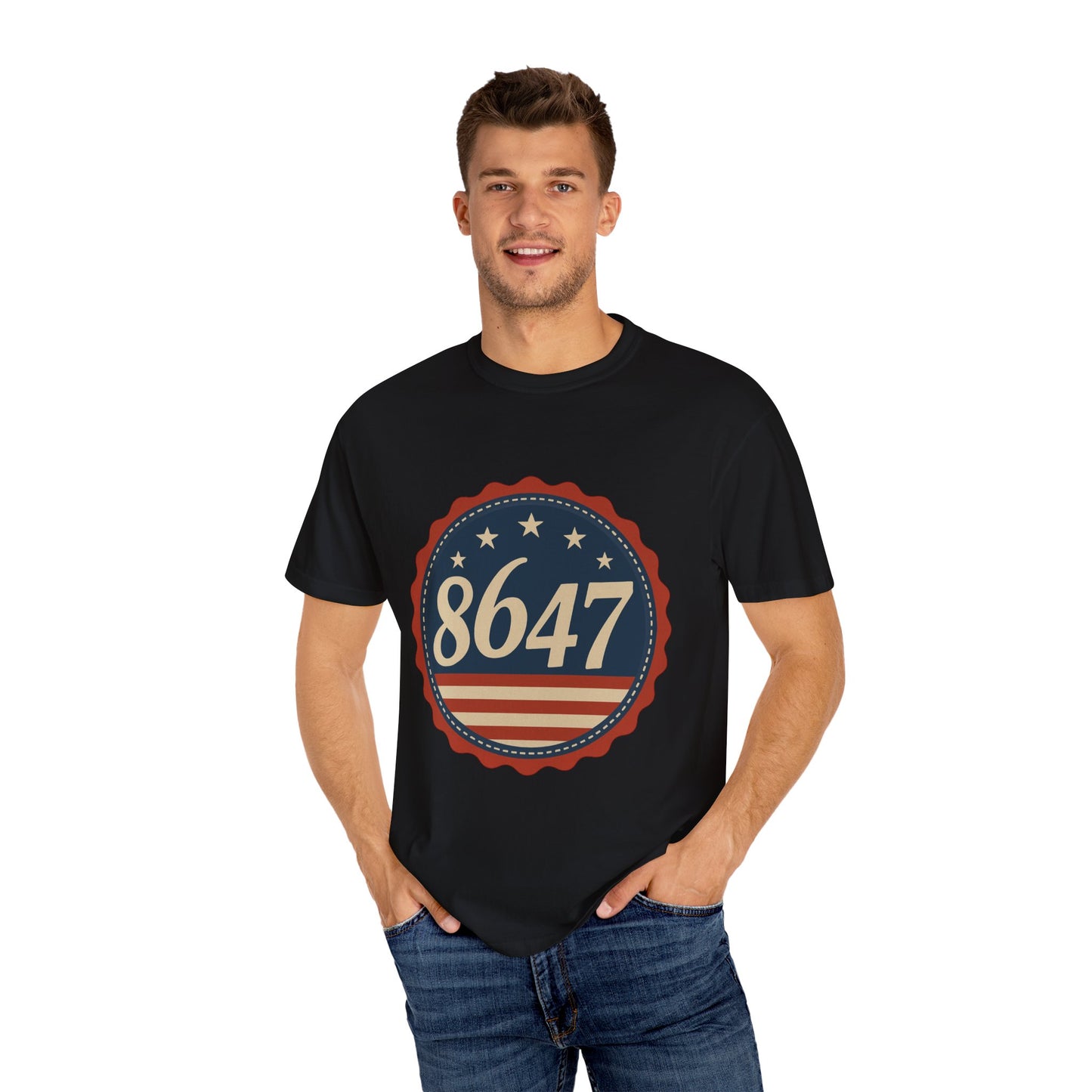 8647 DJT He's Gotta Go Unisex Garment-Dyed Tee. Large front logo design