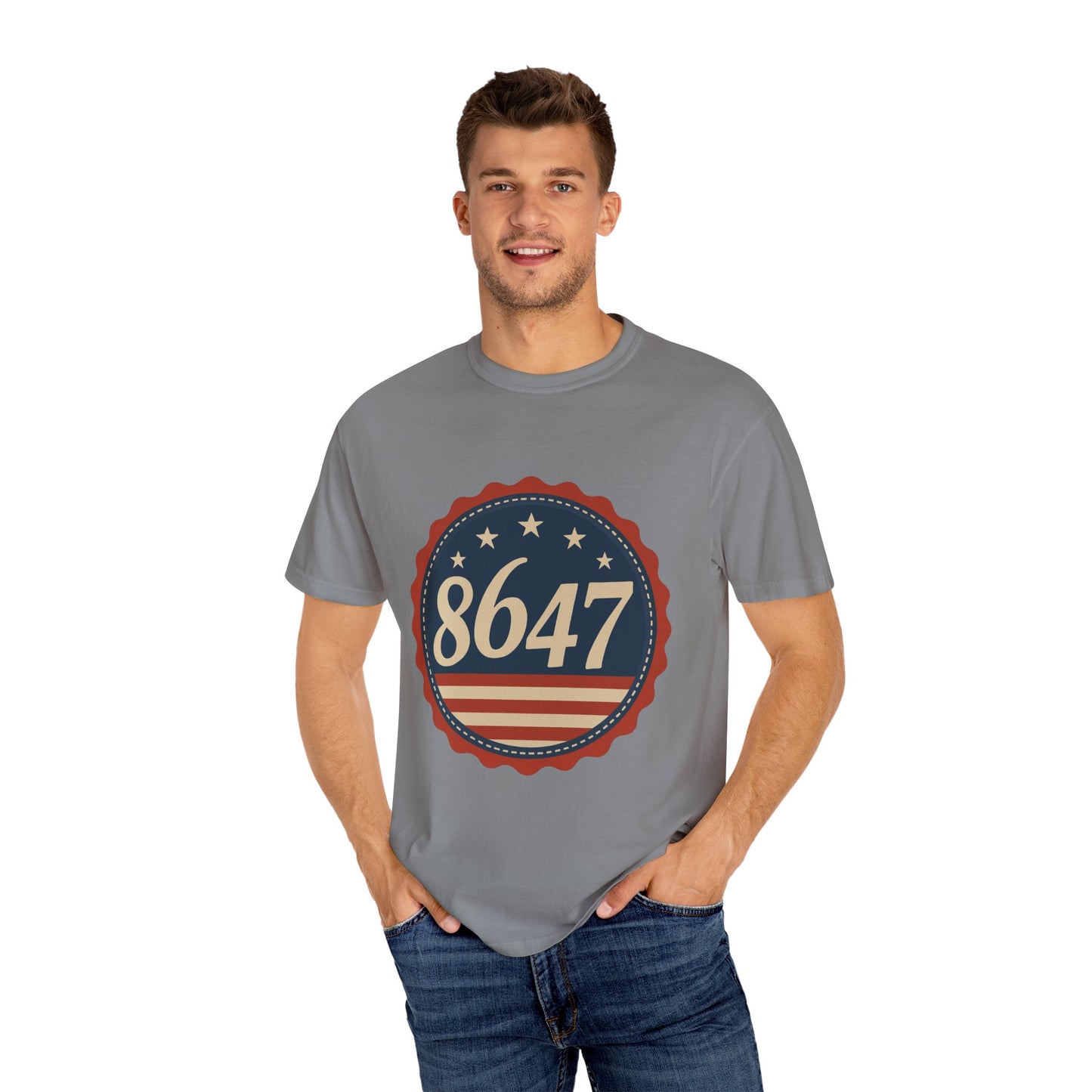 8647 DJT He's Gotta Go Unisex Garment-Dyed Tee. Large front logo design