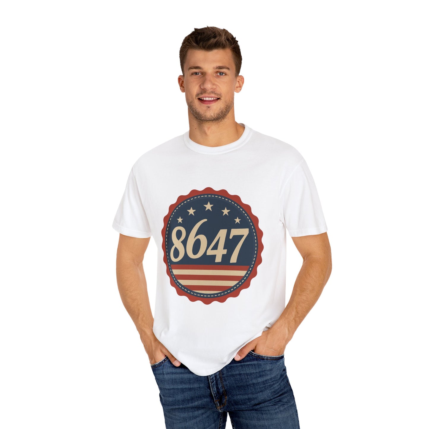 8647 DJT He's Gotta Go Unisex Garment-Dyed Tee. Large front logo design