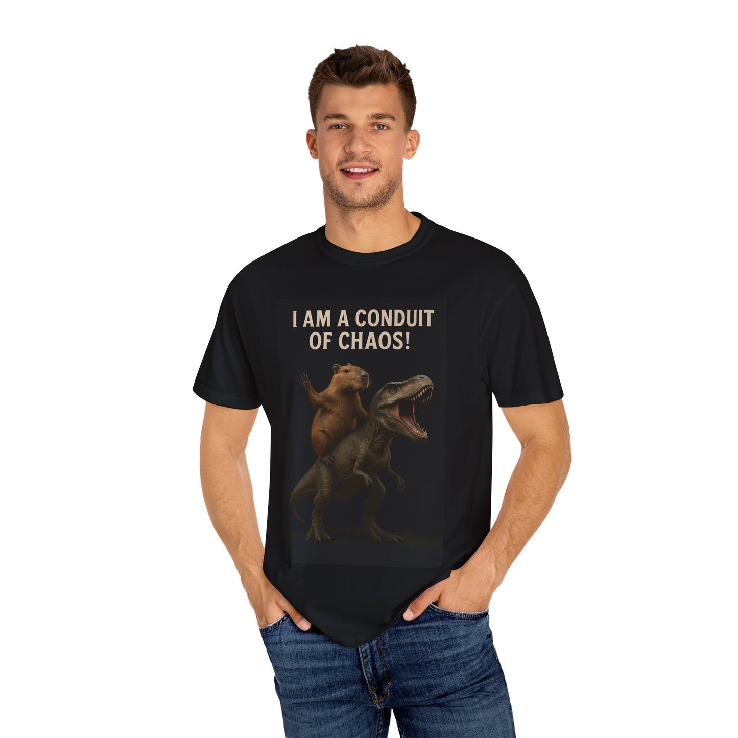 I Am a Conduit of Chaos! Capybara riding a T-Rex Unisex Garment-Dyed T-Shirt, Funny Dino Tee, Cool Graphic Shirt, Perfect Gift for Friends, Unique Casual Wear
