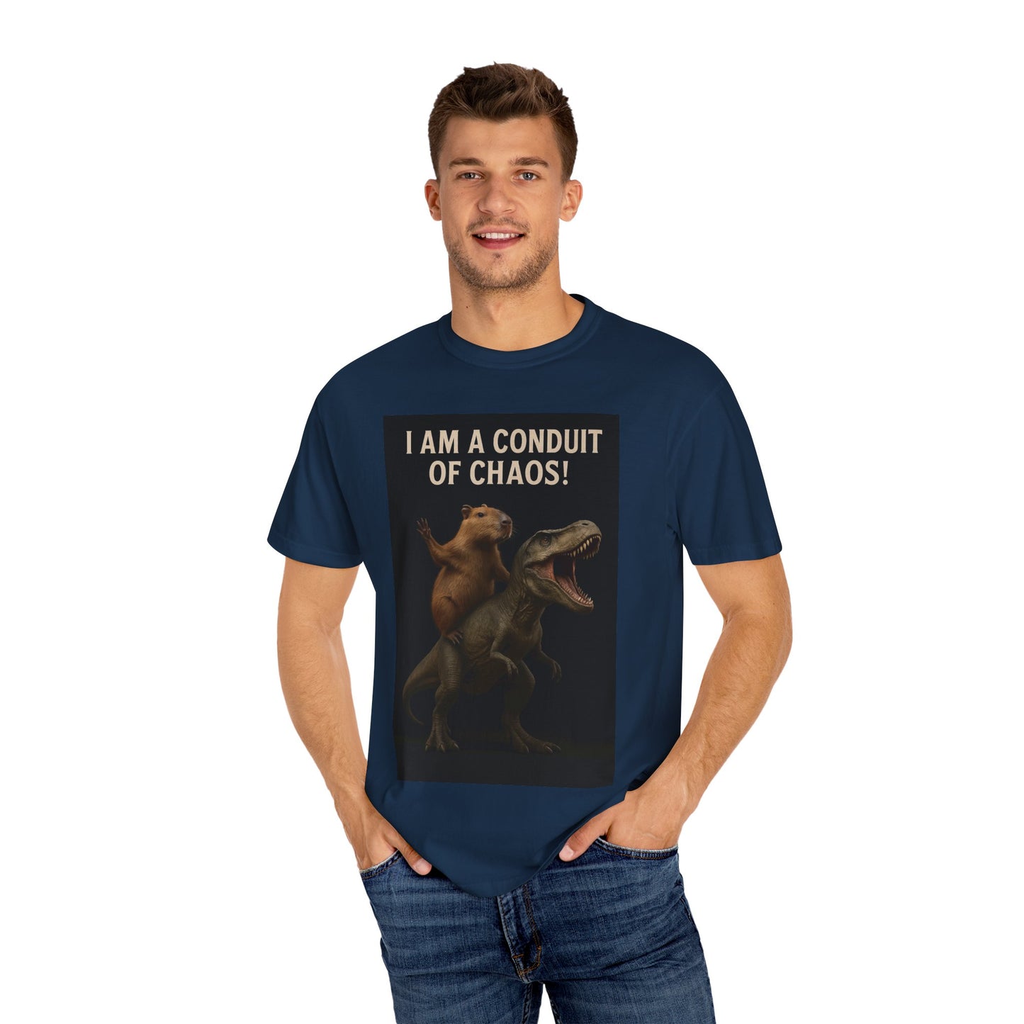 I Am a Conduit of Chaos! Capybara riding a T-Rex Unisex Garment-Dyed T-Shirt, Funny Dino Tee, Cool Graphic Shirt, Perfect Gift for Friends, Unique Casual Wear