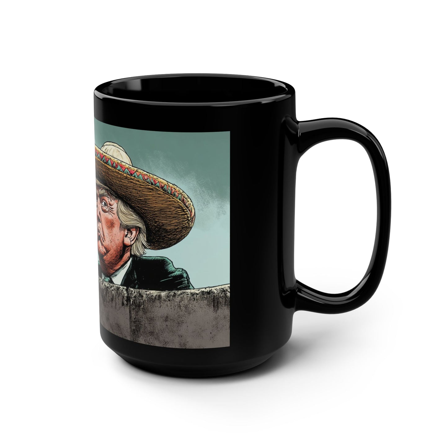 Mug - DJT Cartoon 'It Didn't Stop the Mongols Either' Build the Wall Funny Mug - 15oz Black