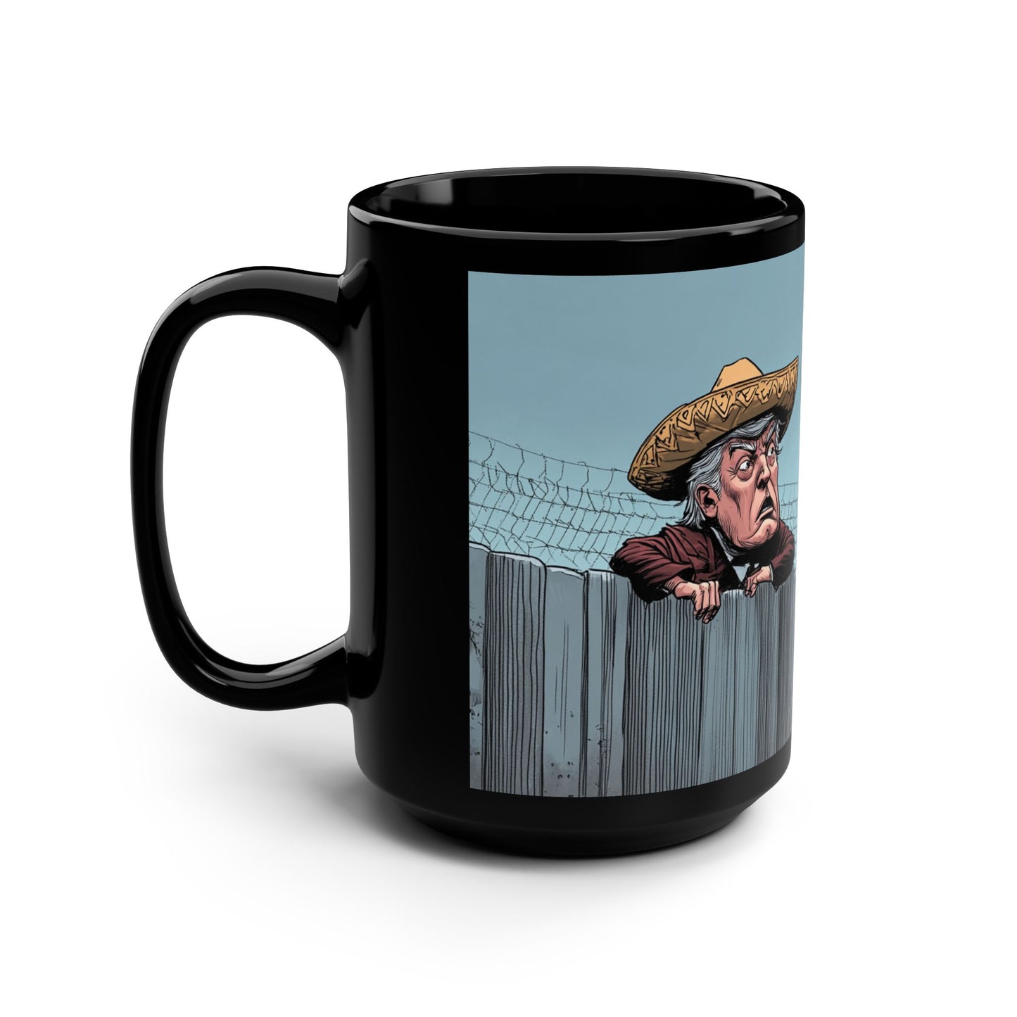 DJT Cartoon 'It Didn't Stop the Mongols Either' Build the Wall Funny Mug #2 - 15oz Black