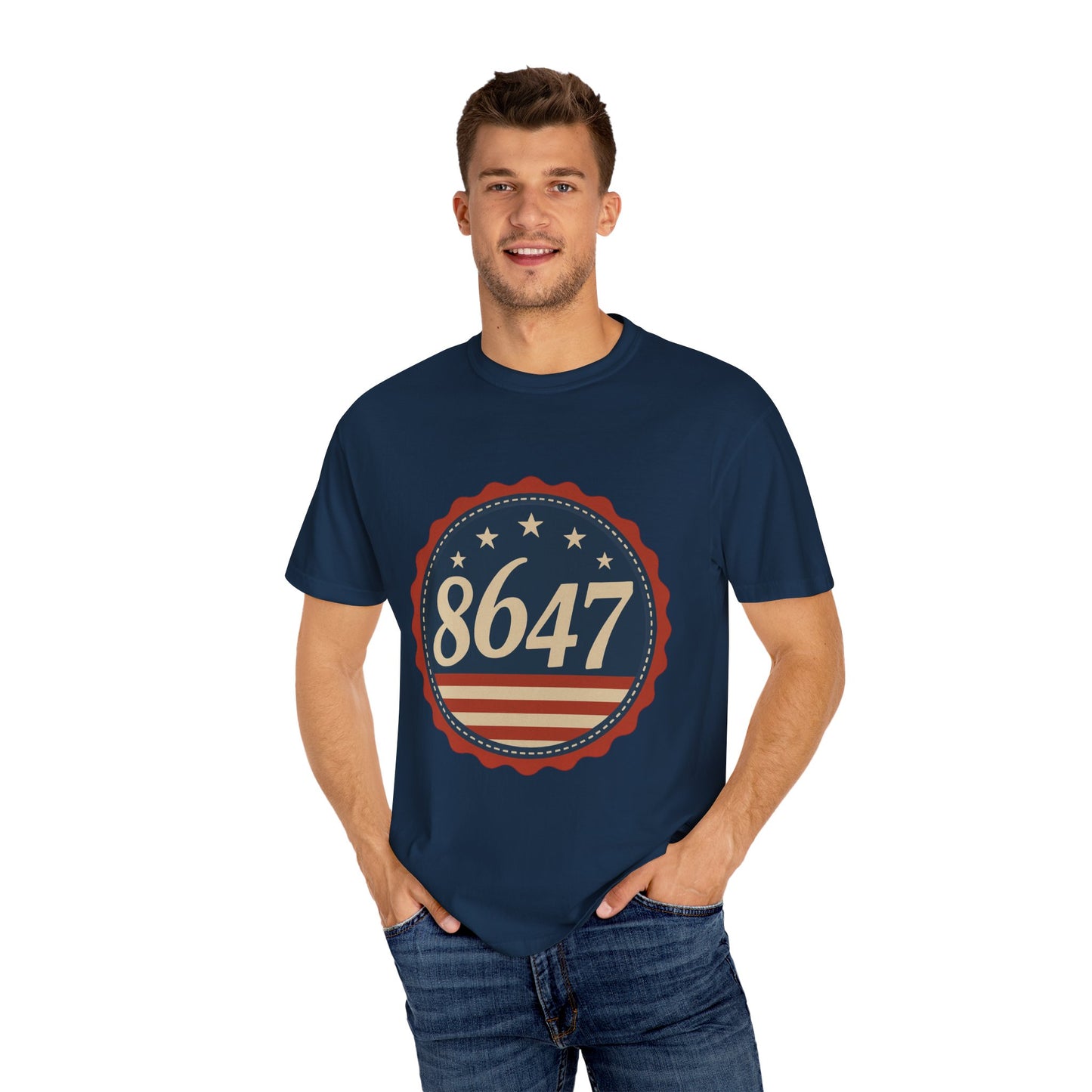 8647 DJT He's Gotta Go Unisex Garment-Dyed Tee. Large front logo design