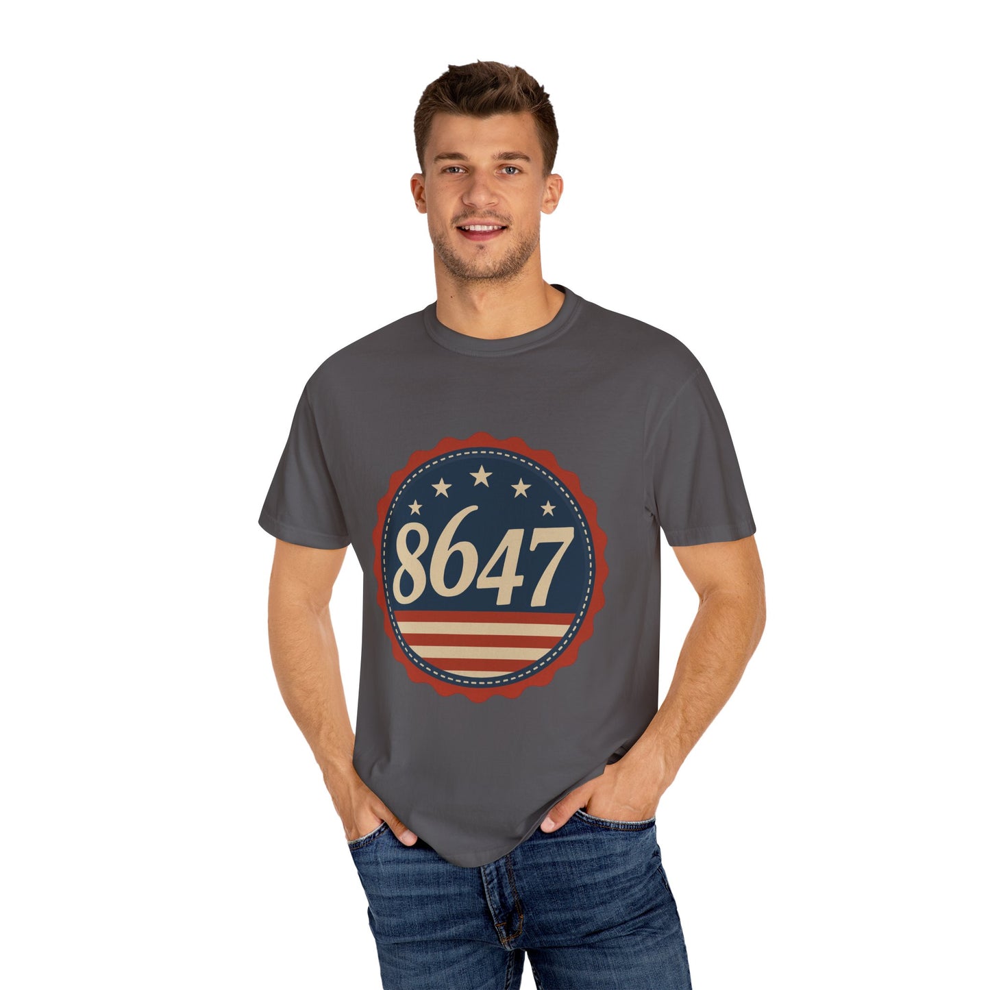 8647 DJT He's Gotta Go Unisex Garment-Dyed Tee. Large front logo design