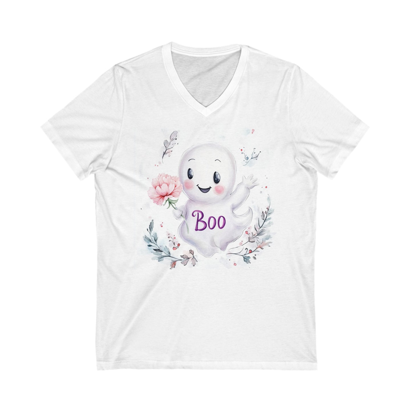 V-Neck Tee Cute Ghost Boo Floral Design