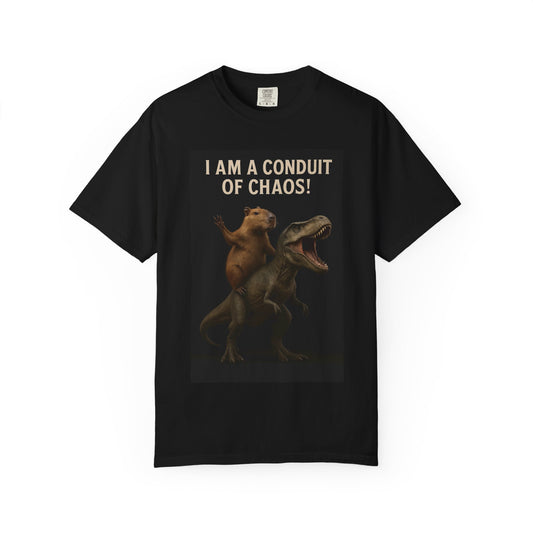 I Am a Conduit of Chaos! Capybara riding a T-Rex Unisex Garment-Dyed T-Shirt, Funny Dino Tee, Cool Graphic Shirt, Perfect Gift for Friends, Unique Casual Wear