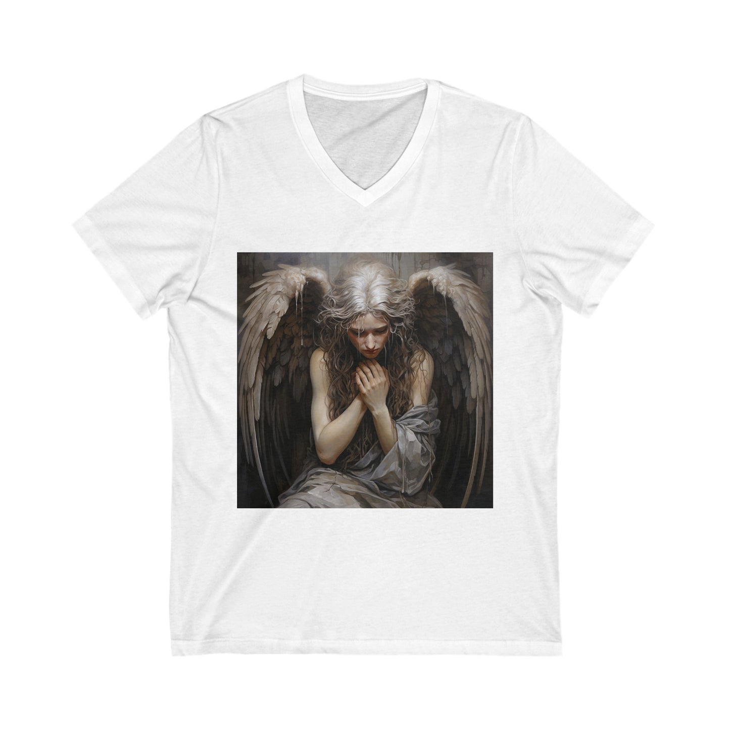 Praying Angel - Unisex Jersey Short Sleeve V-Neck Tee