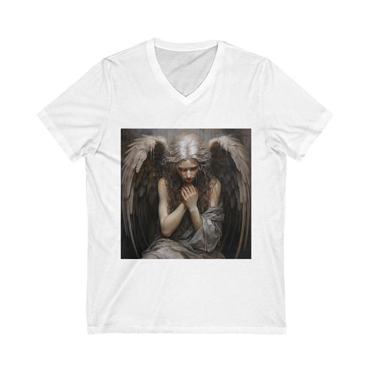 Praying Angel - Unisex Jersey Short Sleeve V-Neck Tee