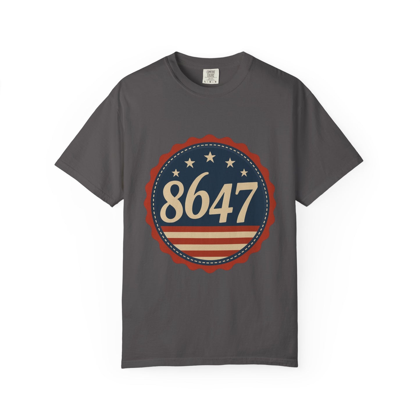 8647 DJT He's Gotta Go Unisex Garment-Dyed Tee. Large front logo design
